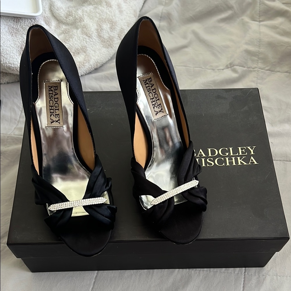 Badgley Mischka Black Satin Heels with Rhinestone Accent